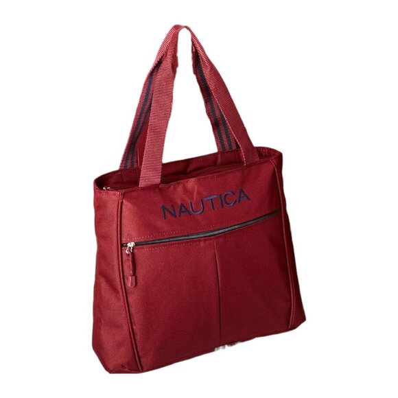 Nautica Helmsman Boat Classic Dark Red Navy Blue Canvas Travel Tote Bag Luggage - Picture 1 of 9